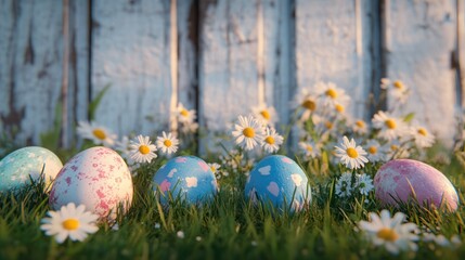 Pastel Easter eggs, daisies, fence, spring (1)
