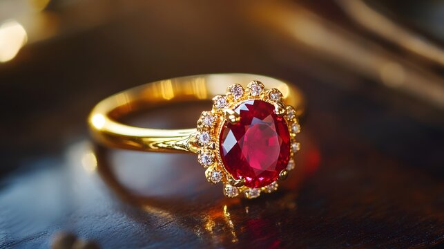86. A stunning ruby ring set in a gold band, glowing softly in natural light