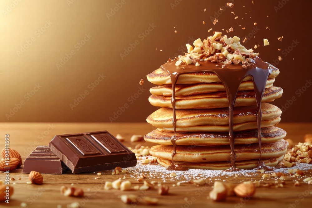 Aufkleber Stack of fluffy pancakes topped with melted chocolate and chopped nuts in a warm setting. Generative AI