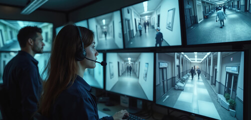 Security center officer monitors security cameras footage with AI facial recognition with colleague. Monitoring center workers control computer monitors, big digital screens with CCTV cameras video