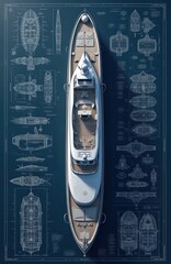 Stylized blueprints of luxury yacht with nautical design, ship engineering layout. Watercraft detailed technical drawing. Stylish blueprint design for shipbuilding company, vessel construction, boat © miss irine