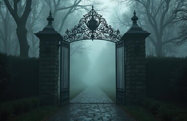 Obraz premium Eerie wrought-iron gate park entrance in dense fog. Dark creepy misty scenery with path vanishing distance. Gateway to another dimension, spooky vacation destination, gothic horror film backdrop.