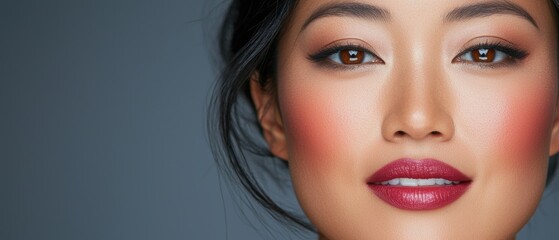 Fototapeta premium A close-up portrait of a woman with glowing skin, defined features, and bold makeup, showcasing elegance and beauty against a neutral background.
