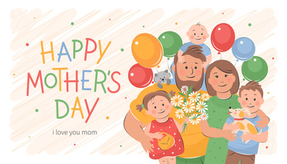 Happy Mother's Day card. Family with children, with flowers and balloons congratulate mom. Vector cute illustration with holiday wishes for postcards, posters, banner.