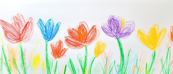 flower crayon kid pastel spring background painting hand chalk grass pencil art childish vector pattern plant cute wax border doodle color garden sketch draw nature illustration drawn frame green