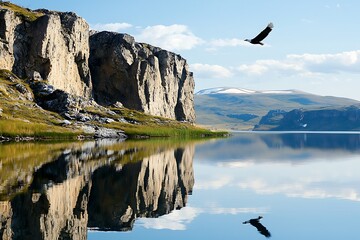 A pristine lake with mirrored images rugged cliffs and a lone eagle soaring above