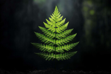 A beautifully detailed fern leaf glowing in soft natural light against a dark, blurred background.