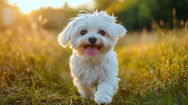 Maltese dog walking through a field on a bright sunny day