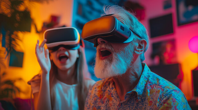 Grandfather and granddaughter share an amazed moment while experiencing virtual reality together at home