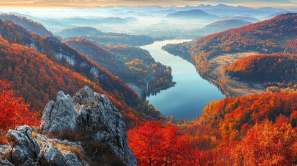 Obraz premium Autumnal River Landscape: Majestic Mountains and Vibrant Foliage