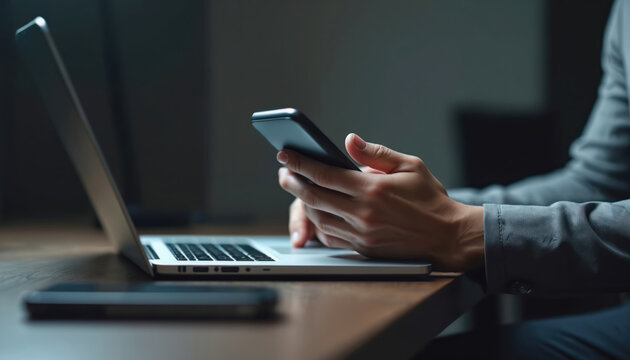 Businessman using smartphone and laptop in office. Man scrolls social media, checks email, manages business processes, works remotely. Modern tech makes easier do job. Effective time management.