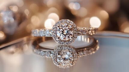 Fototapeta premium 93. A sparkling diamond ring set in white gold, placed on a reflective glass surface