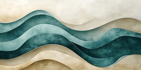 Abstract illustration shows layered paper cut waves in teal and beige