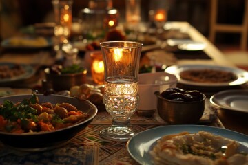 Naklejka premium Romantic Dinner Setting with Candles and Delicious Dishes