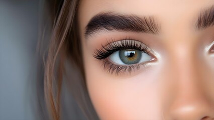 Fototapeta premium A close-up of a person's eye, highlighting the eyelashes, iris, and brow, with a soft, blurred background. Concept Close-up Eye Photography, Detailed Iris Features, Eyelashes Focus