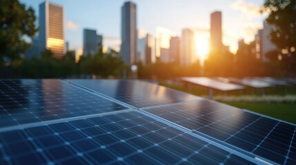 Solar panels reflecting sunlight in a modern cityscape
