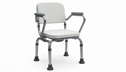 Adjustable shower chair for elderly care isolated on transparent background. Bathing safety equipment. Medical aid, stable support with plastic seat, metal frame, adjustable legs, armrests, non-slip
