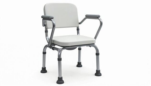 Adjustable shower chair for elderly care isolated on transparent background. Bathing safety equipment. Medical aid, stable support with plastic seat, metal frame, adjustable legs, armrests, non-slip