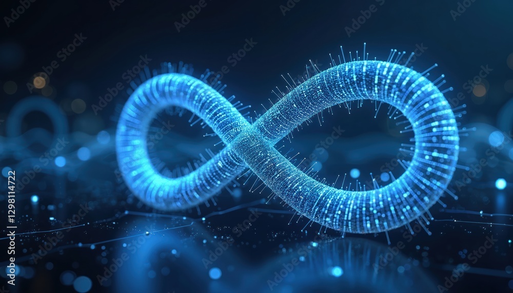 Poster infinite symbol made from glowing blue data points, lines. digital art representation on dark blue b