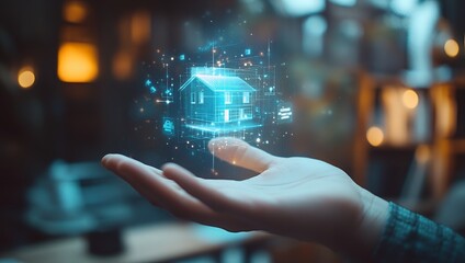 Smart Home Technology A Person s Hand Holding a Digital Model of a House with Technology Icons