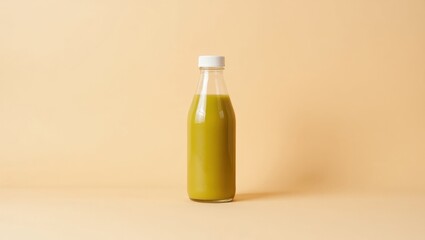 Cbd Drinks. Green smoothie bottle on beige background healthy drink be