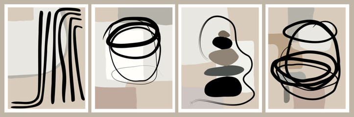 Set of Abstract minimalist hand painted vector illustration for wall decoration, postcard or brochure design. Scandinavian, japandi contemporary wall art print beige abstract geometric shape poster.