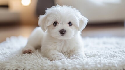 White Maltese puppy posing for a photo on a white rug