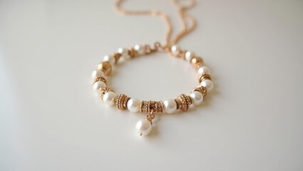 Charm Necklace. Pearl bracelet with gold beads and chain on white back