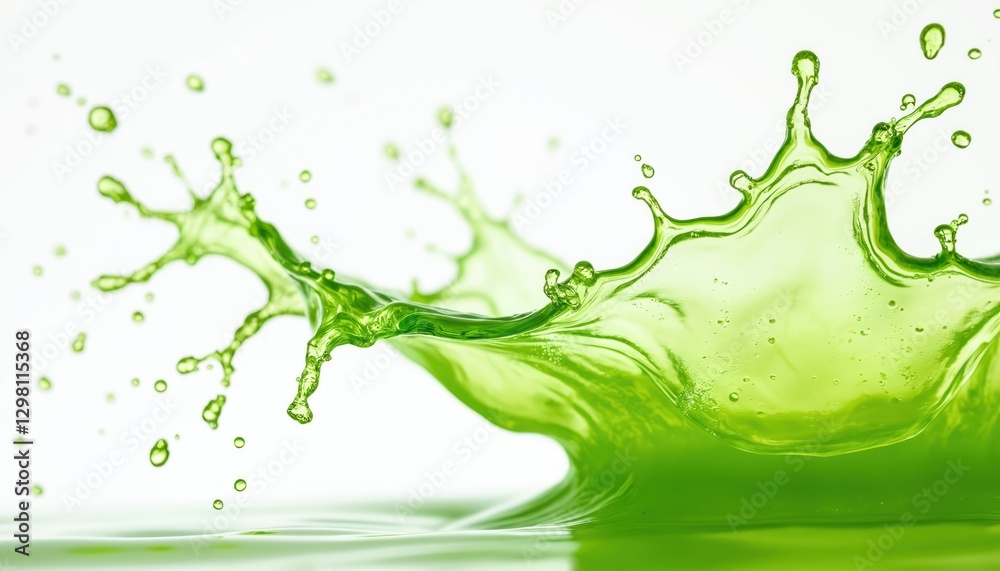 Aufkleber vibrant green water splashing on white backdrop. liquid motion with droplets creates dynamic wave. r