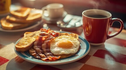 Classic breakfast: sunny-side up egg, crispy bacon, buttered toast, and a steaming cup of coffee.