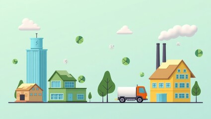 Decarbonization. Modern colorful houses with delivery truck driving on road, eco-friendly neighborhood concept, urban landscape background, clear sky, green trees, sustainable living illustration