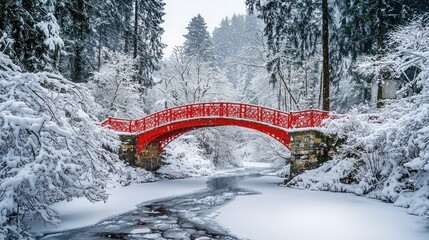Winter Wonderland: A Red Bridge over a Frozen River