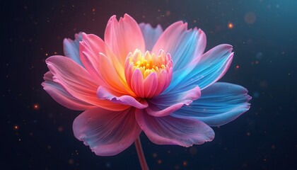 Vibrant abstract of transparent flower in tech concept. Colorful petals on dark blue background, innovation, futuristic network, communication themes. Digital design, connection, software, tech art.