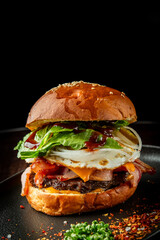 A delicious gourmet burger stacked with crispy bacon, fresh lettuce, onions, and rich sauces. Served on a sesame seed bun, it's presented on a dark plate, highlighting its appetizing layers.
