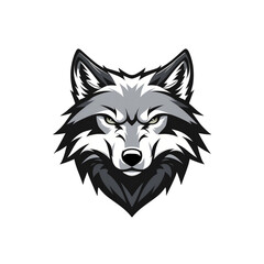 Naklejka premium Minimalist and modern wolf head logo, sharp and thick lines, symmetrical design, fierce and strong expression, isolated on a clean white background.
