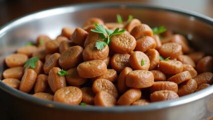 Dog Food Topper. Close-up of golden roasted peanuts with fresh green rosemary garnish in a metal bowl, perfect for healthy snack recipes, culinary blogs, holiday cooking, rustic kitchen settings, war