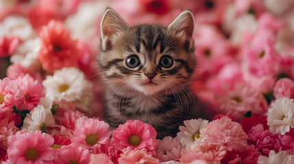 Floral Feline: A kitten surrounded by a garden of pink and white chrysanthemums, a celebration of innocence.