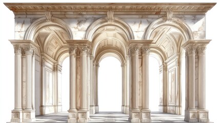 Obraz premium Elegant marble colonnade with arches and columns, isolated on white.