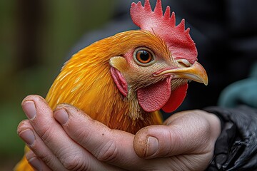 Close-up of a vibrant golden chicken being gently held by a person in a natural outdoor setting