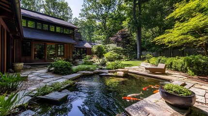 Tranquil Japanese Koi Pond Surrounded by Lush Maple Trees in Scenic Garden Landscape