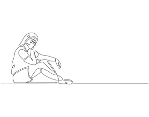 Continuous line drawing of woman depression. Single line illustration of depression woman sitting on the floor. Axienty, sad, depressed concept. Editable outline