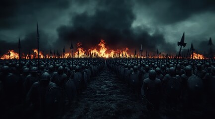 Medieval army facing burning battlefield at night  
