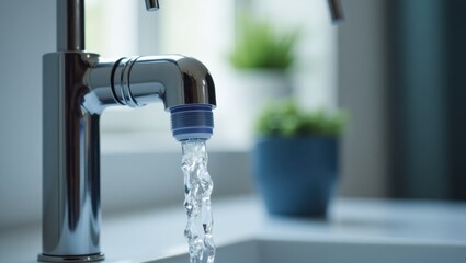 Faucet Water Filter. positive purifier Tap aerator Sink splash guard Smart Shower waterdrop Frizzlife Qettle Berkey Modern chrome with running stream, kitchen usage, clean hygiene concept, bright nat