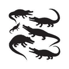 Set silhouettes of large crocodiles white background