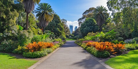 Fototapeta premium A beautiful park view with vibrant flowers and palm trees. The path invites visitors to relax and enjoy nature. Ideal for outdoor, garden, and cityscape themes. Bright and inviting. AI