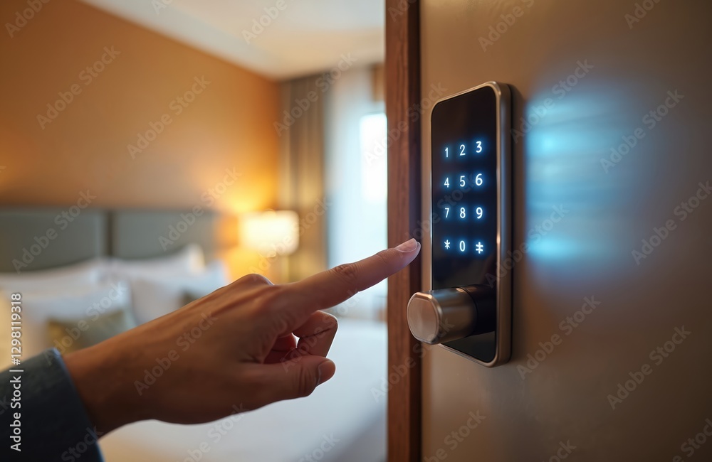 Poster close-up of woman finger enters code on smart digital touch screen keypad entry door lock in hotel r