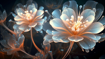 Fototapeta premium Dreamy, glowing flowers illuminated by ethereal light, creating a magical and surreal atmosphere