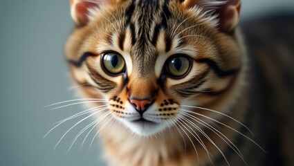 Flutd. Close-up brown tabby cat with green eyes looking curious indoor
