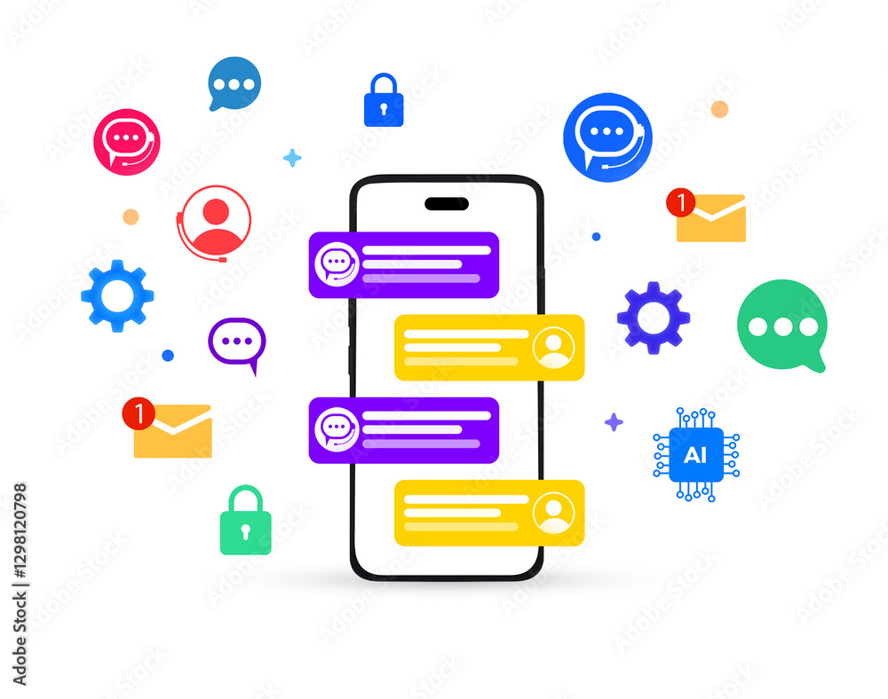 Poster ai chatbot messages and help concept design with floating shapes around the smartphone, background. 