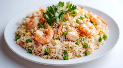 Shrimp fried rice with a light background on a white plate, Generative AI